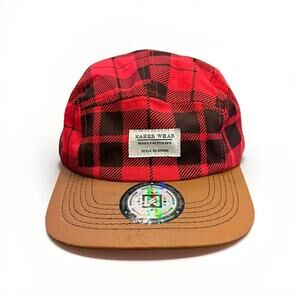 Maker Wear Mens Red Plaid Adjustable Leather Strapback Hat Cap 100% Cotton